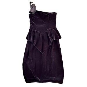 VINTAGE 1980s CONTEMPO Casuals Black Velvet Rhinestone Bows 1 Shoulder Dress 5/6